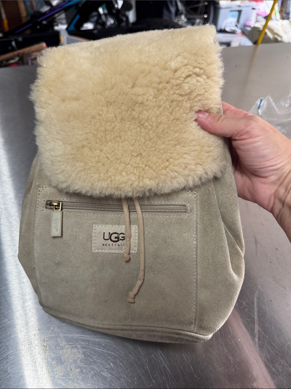 UGG Suede and Shearling Flap Backpack in Beige